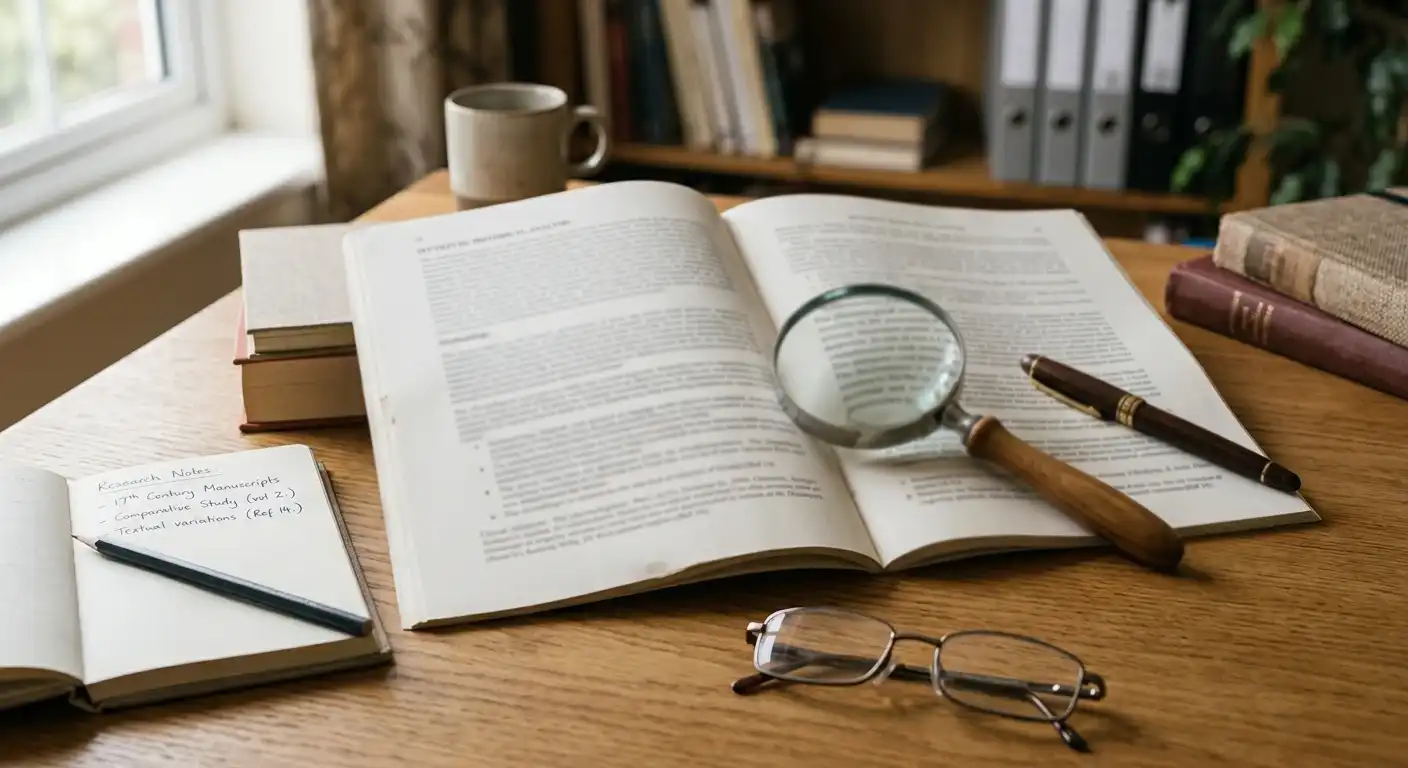 Tisch mit Kleingedrucktem, Lupe und Notizen