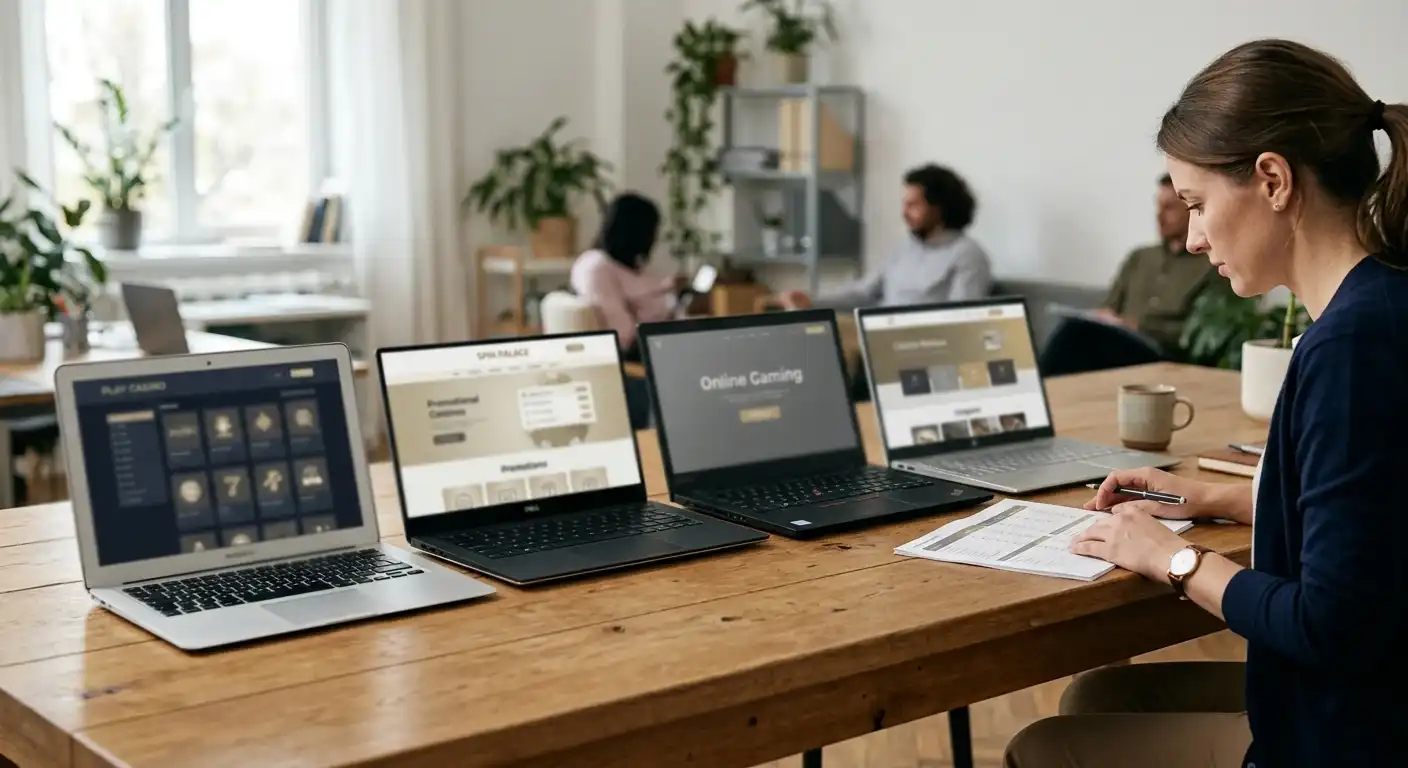 Vier Laptops nebeneinander mit unterschiedlichen Casino-Landingpages
