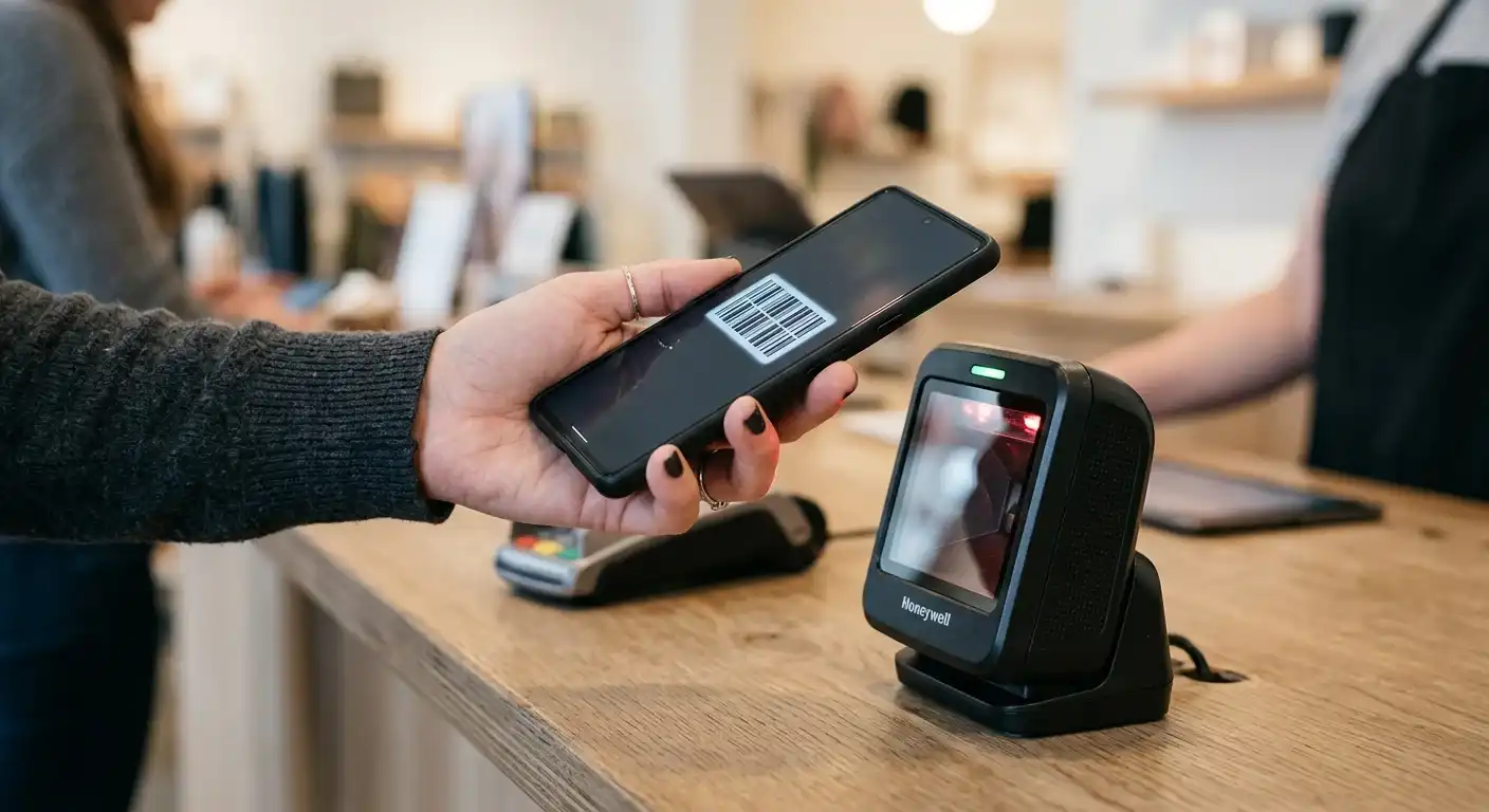 Hand mit Smartphone und neutralem Barcode an einem Filialschalter
