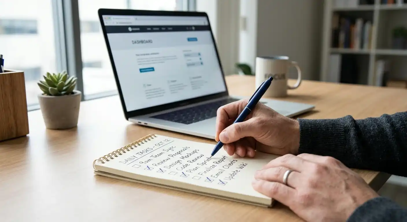 Person mit Notizblock vor Laptop, Checkliste mit Häkchen