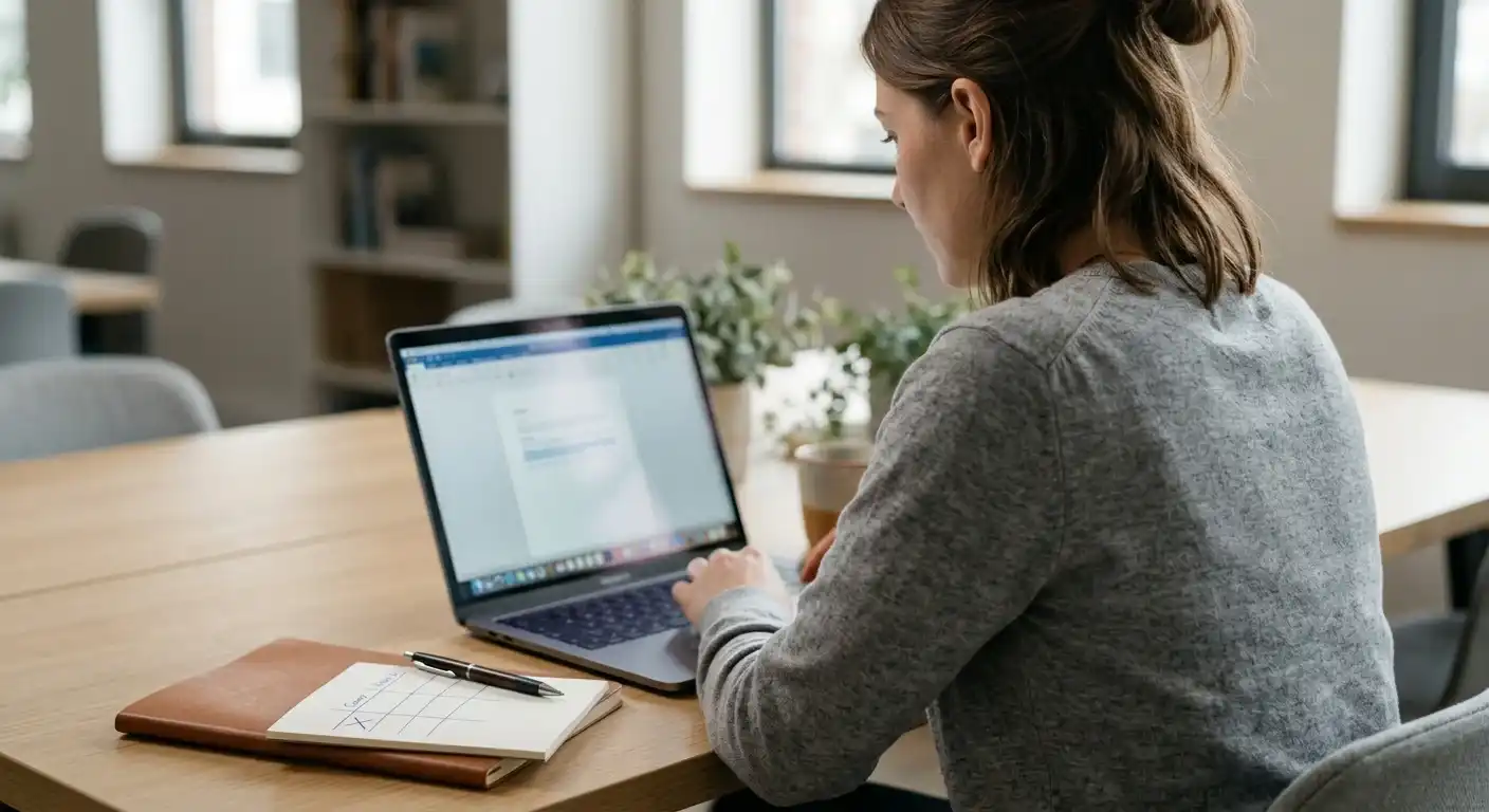 Person am Laptop mit neutraler Entscheidungsmatrix und Notizbuch