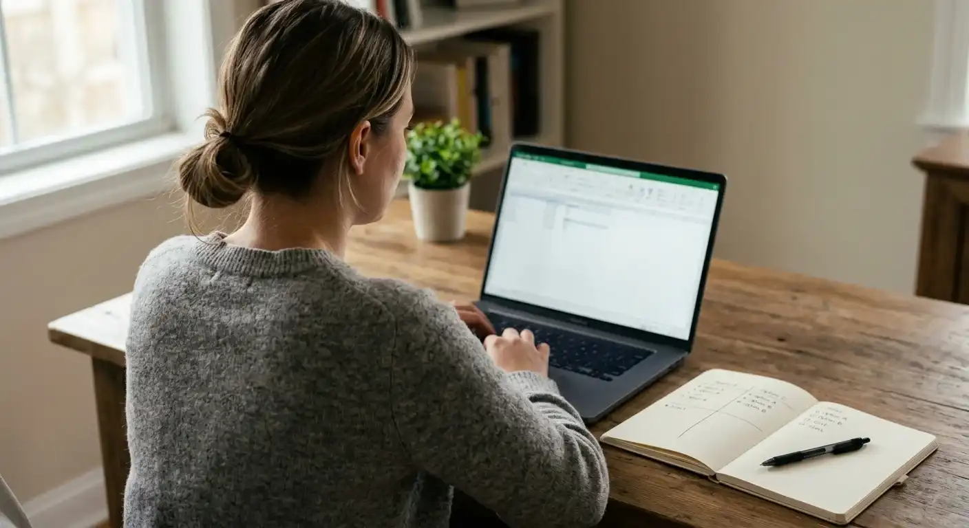 Person am Laptop mit neutraler Entscheidungsmatrix und Notizbuch