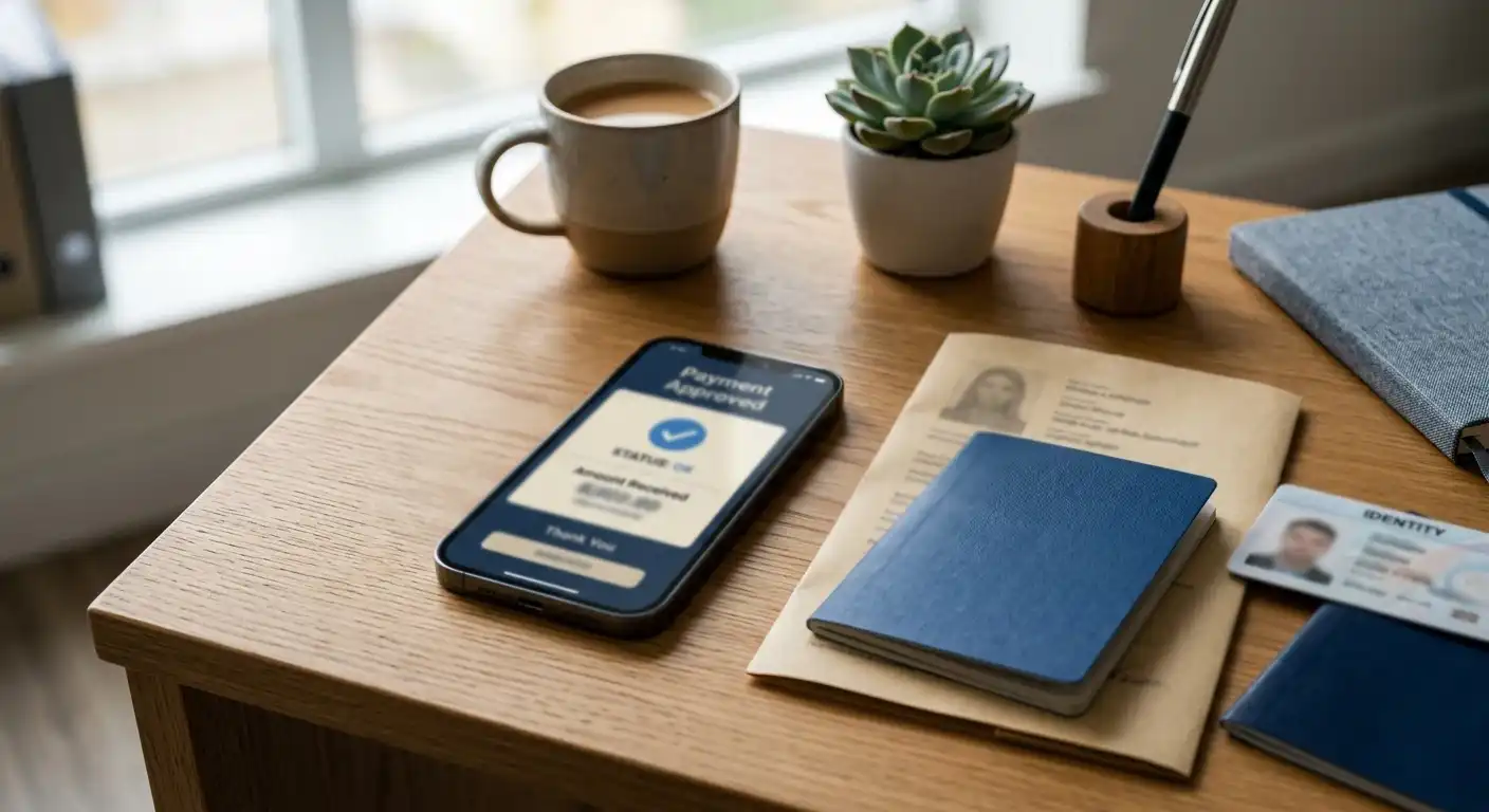 Neutrale Auszahlungsmethode mit Dokumenten und Smartphone auf einem Schreibtisch