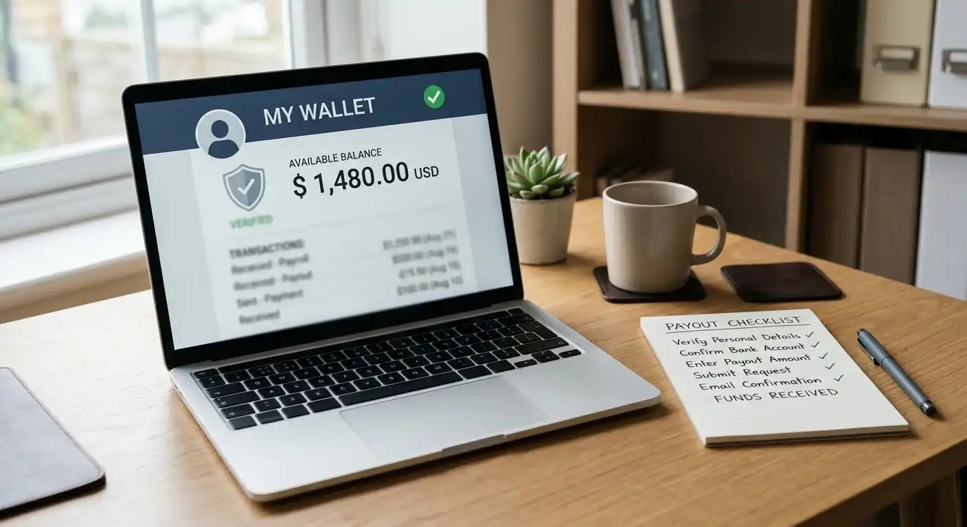 Neutrale Auszahlungsliste und verifiziertes E-Wallet auf einem hellen Schreibtisch