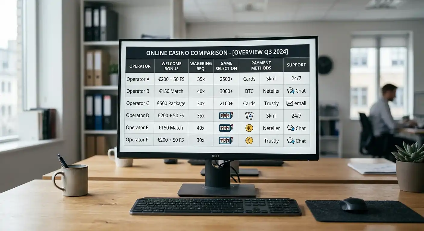 Vergleichstabelle mit Casino-Logos und Bonus-Details auf einem Monitor
