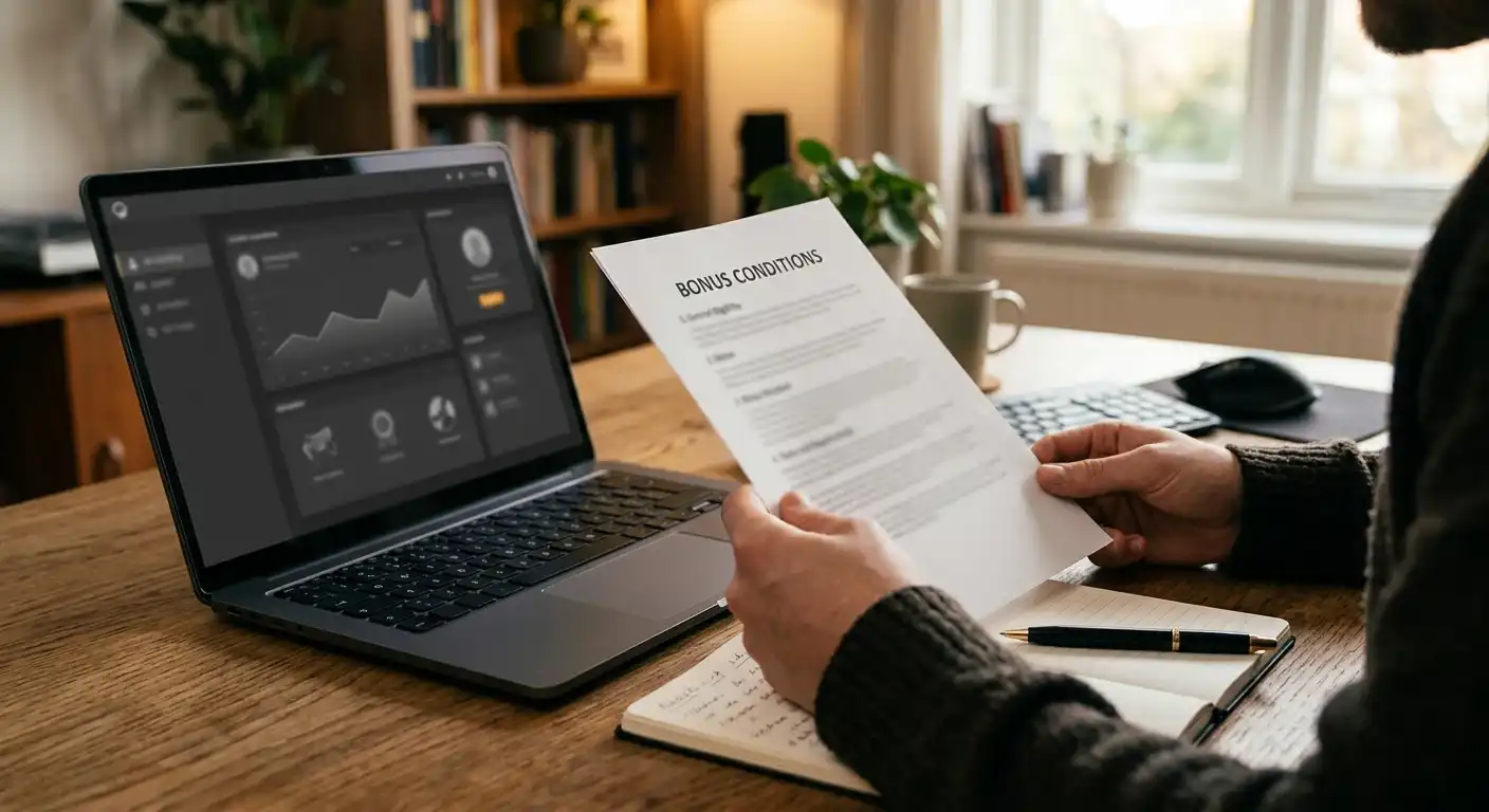 Person mit Notizbuch und neutralem Bonusbedingungs-Dokument am Laptop
