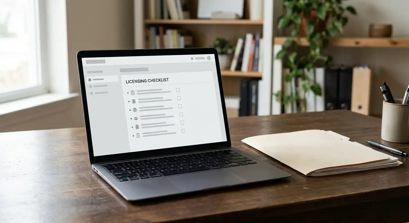 Laptop mit neutraler Prüfliste für Casino-Domain und Lizenz