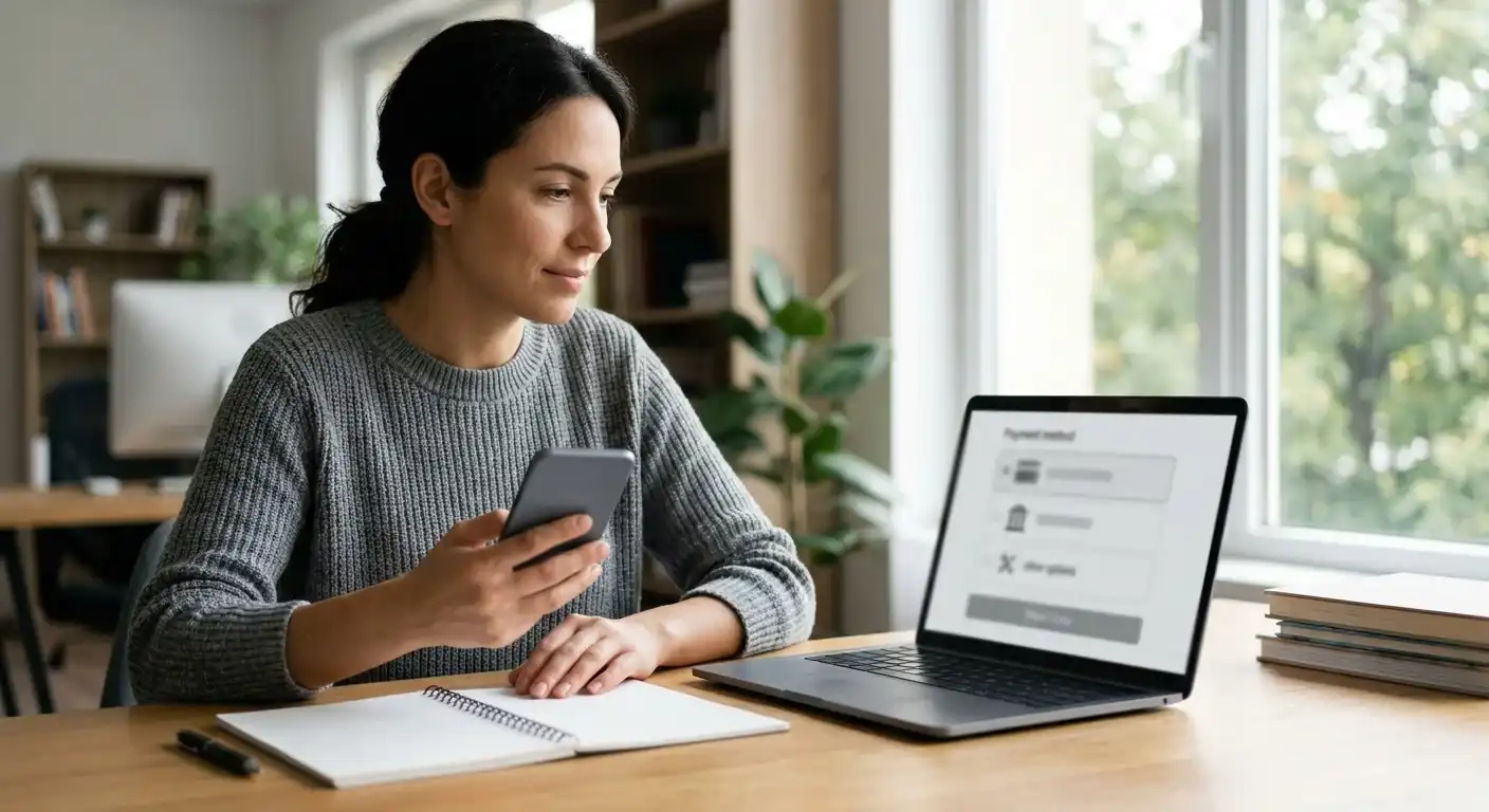 Person prüft eine neutrale Kassenseite auf Laptop und Smartphone mit Euro-Zahlungsoption