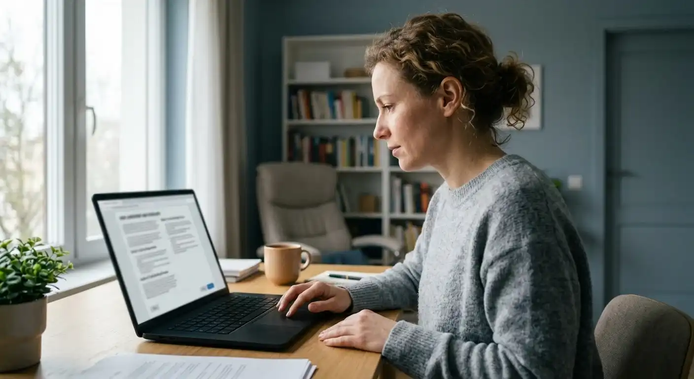 Person liest KYC- und Auszahlungsbedingungen auf einem Laptop
