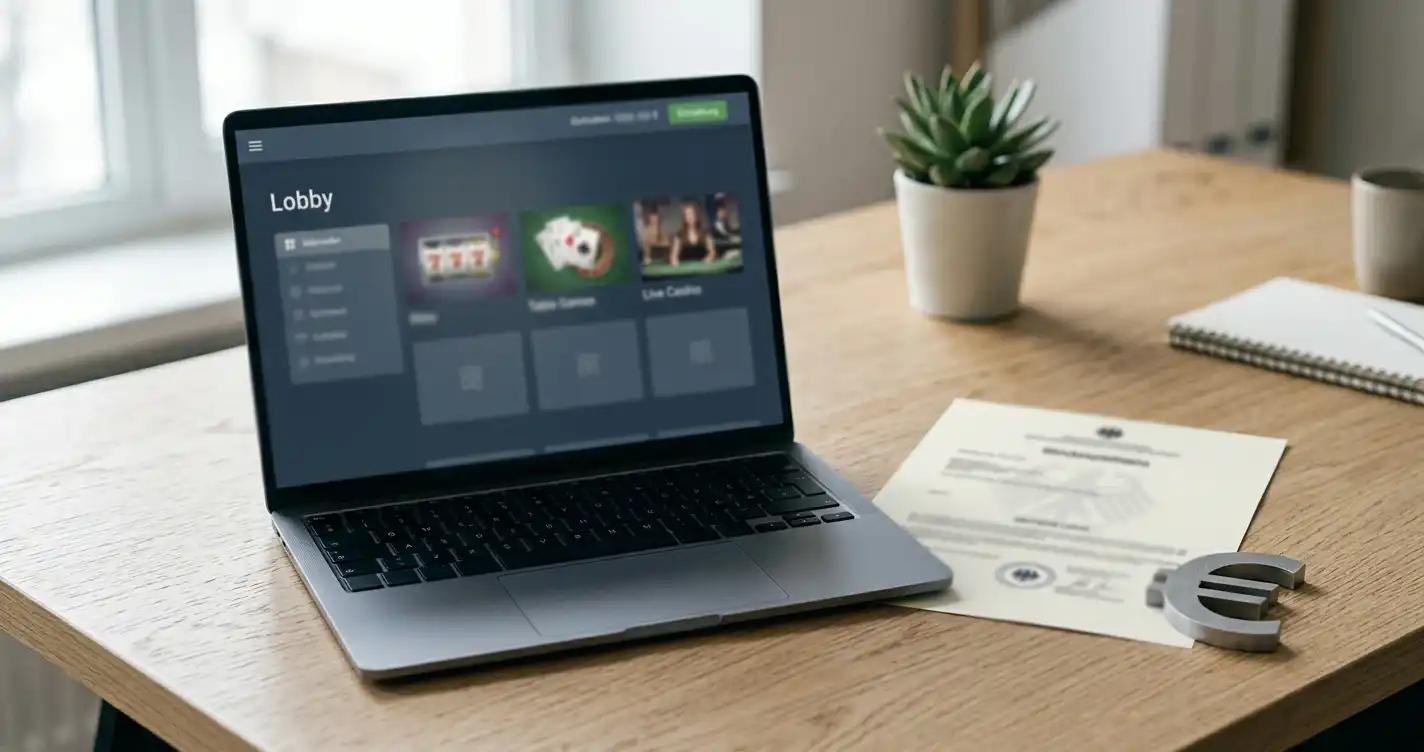 Neutrale Spielbank-Szene mit Laptop, Notizbuch und symbolischem Eurozeichen