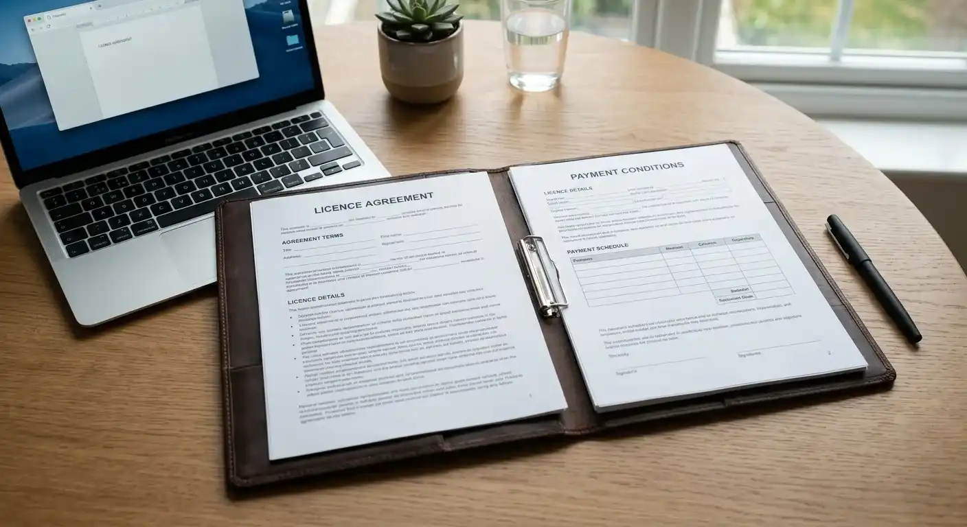 Neutrale Dokumentenmappe mit Lizenz, Zahlungsbedingungen und Auszahlungshinweisen