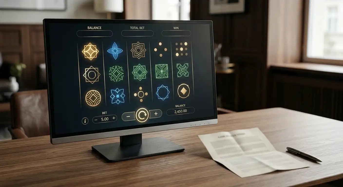 Neutrale Spielautomaten-Symbole und Bonusbedingungen auf einem unbranded Bildschirm