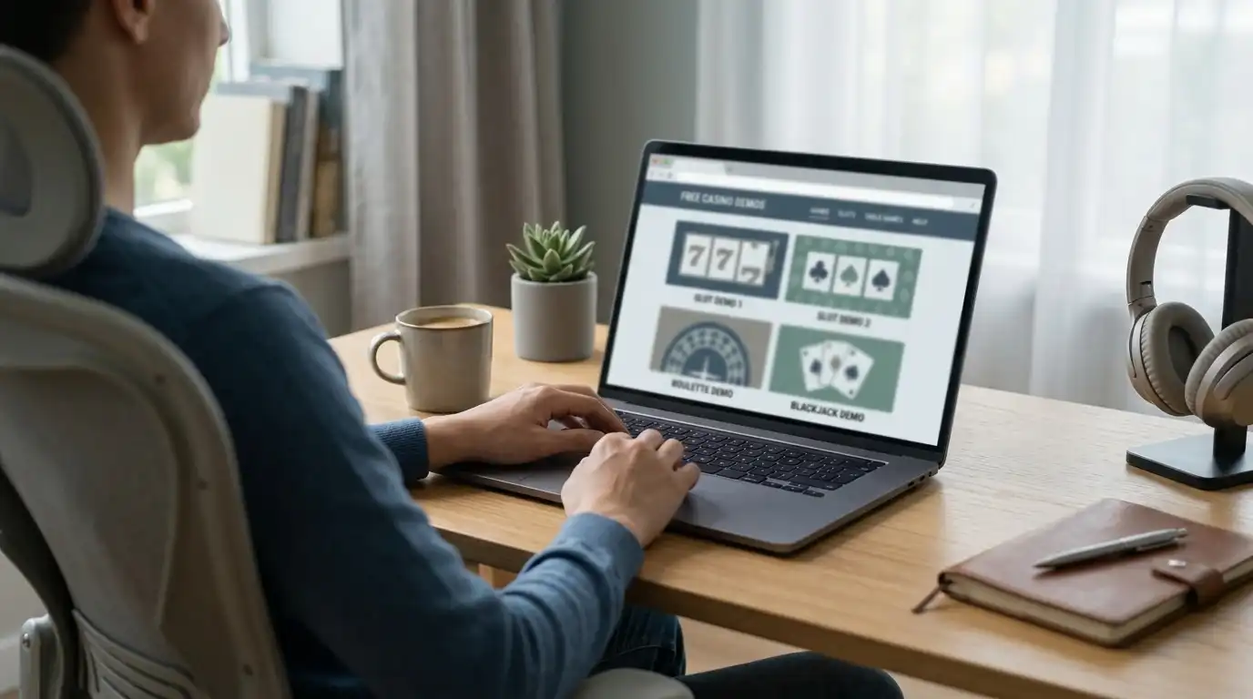 Schreibtisch mit Laptop und neutralem Browserfenster für kostenlose Casino-Demos