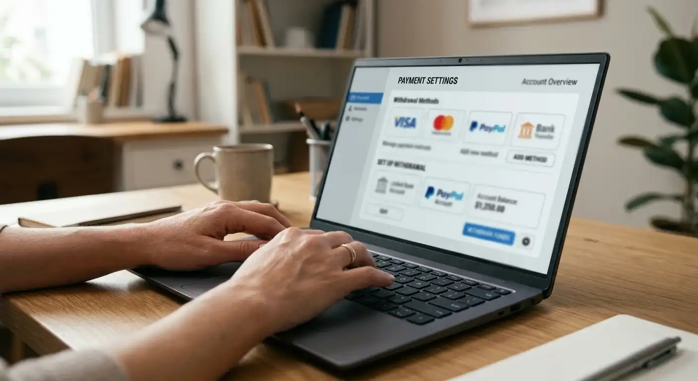 Neutrale digitale Zahlungsoptionen und Spielauswahl auf einem Laptop ohne Markenlogos