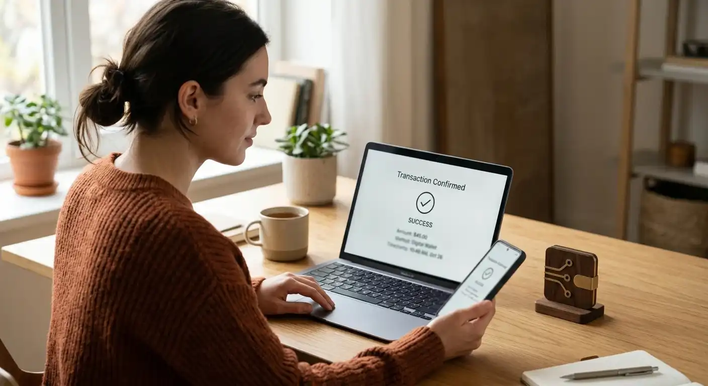 Laptop mit neutralen Zahlungsoptionen und vorausgefülltem digitalen Guthabenkonto