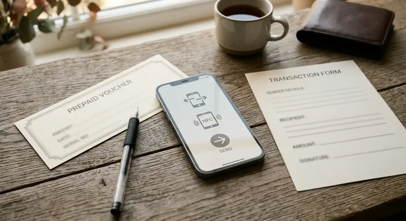Symbolische Zahlungswege mit neutralem E-Wallet, Prepaid-Code und Banküberweisung