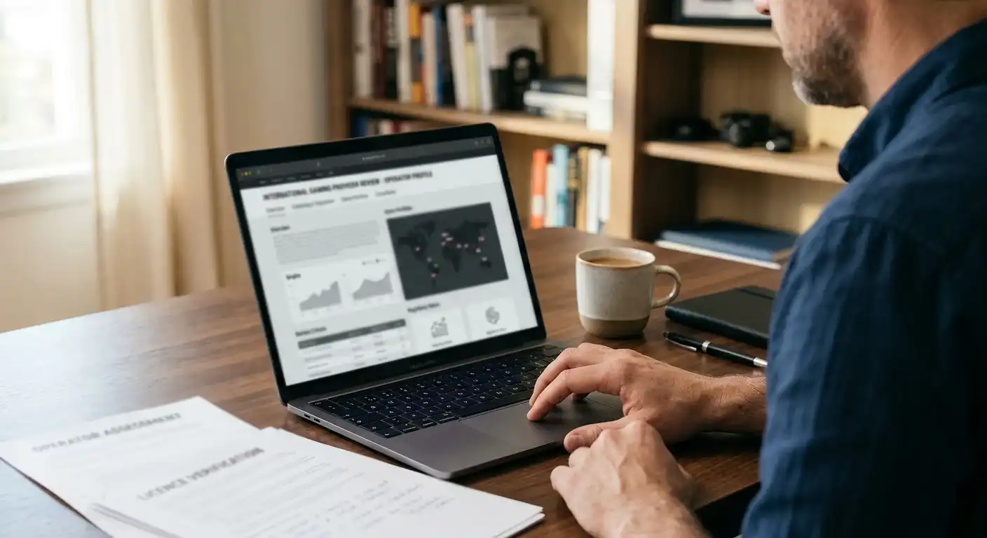 Prüfung eines internationalen Casinoanbieters am Laptop