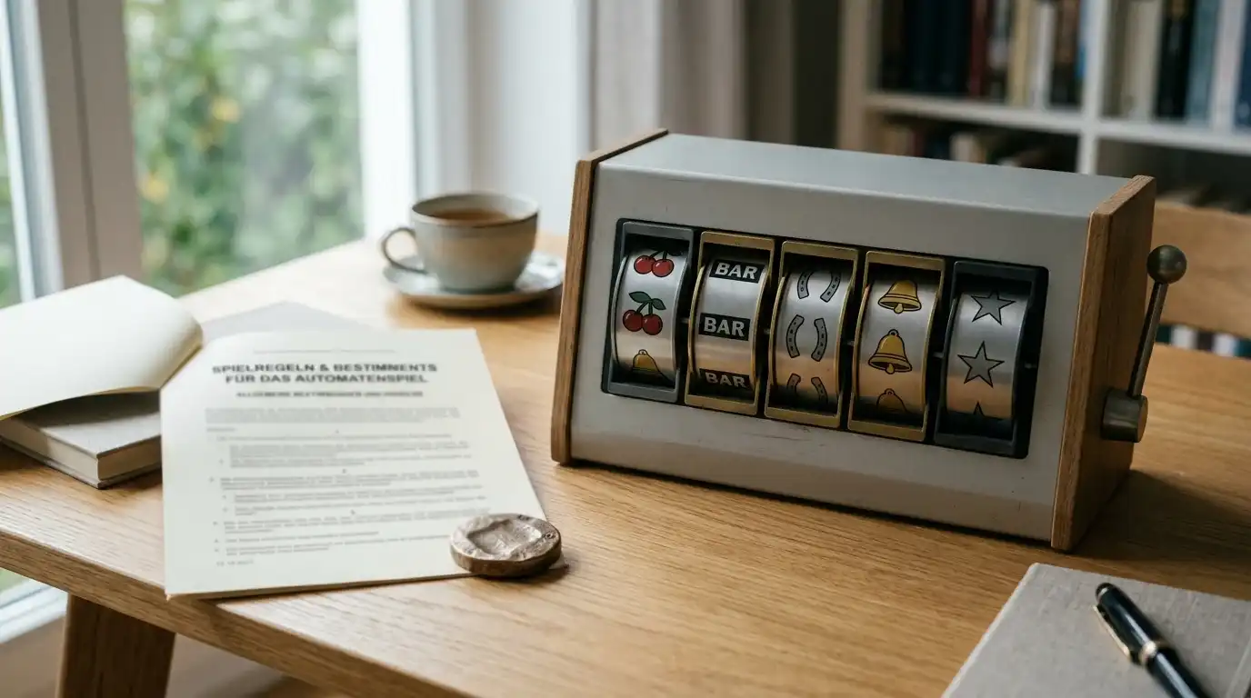 Neutrale Spielautomatenwalzen neben einem deutschen Regelblatt