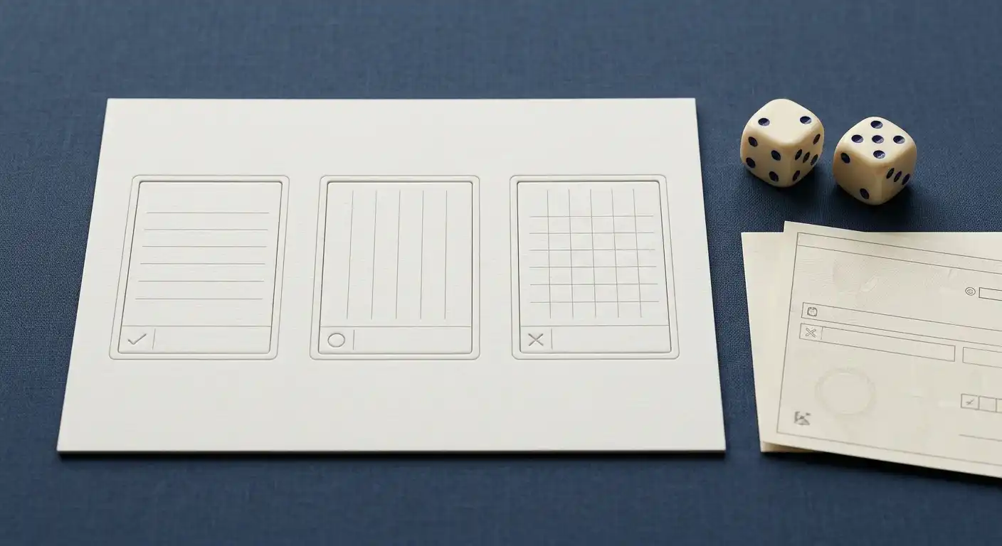 Neutrale Vergleichstafel mit Würfel-Symbol, Lizenzpapier und drei Prüffeldern