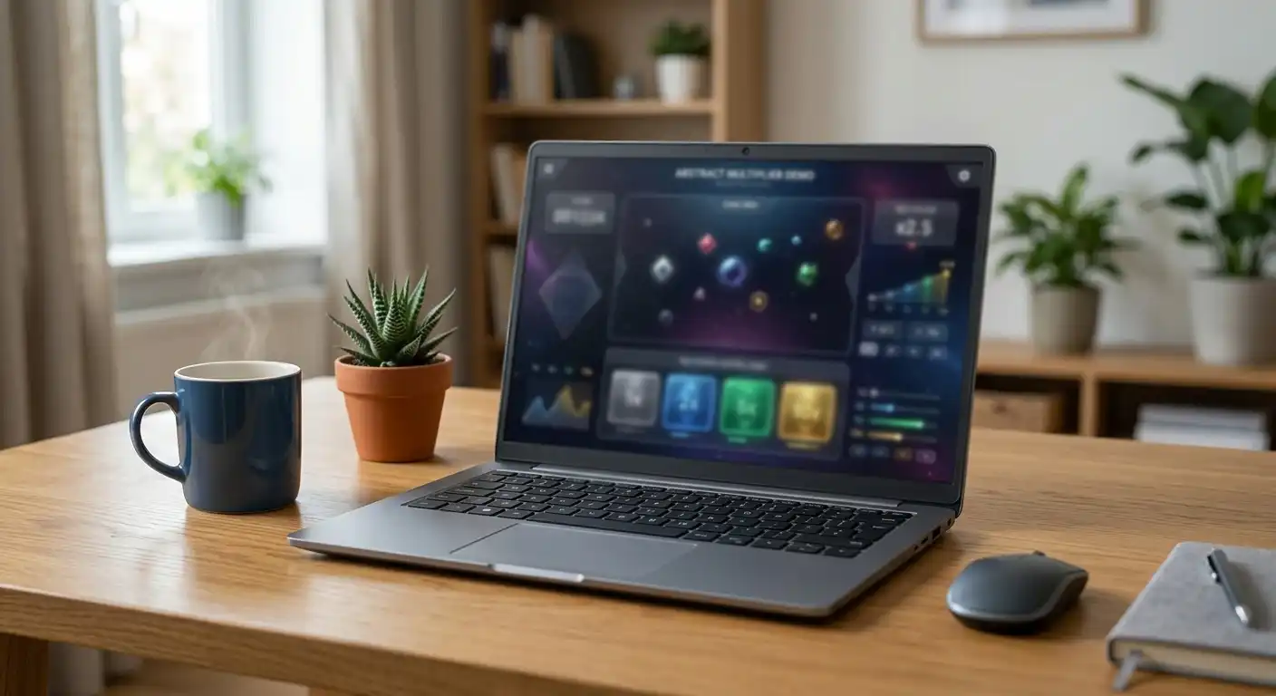 Laptop mit neutraler Demo-Spieloberfläche ohne Markenlogos