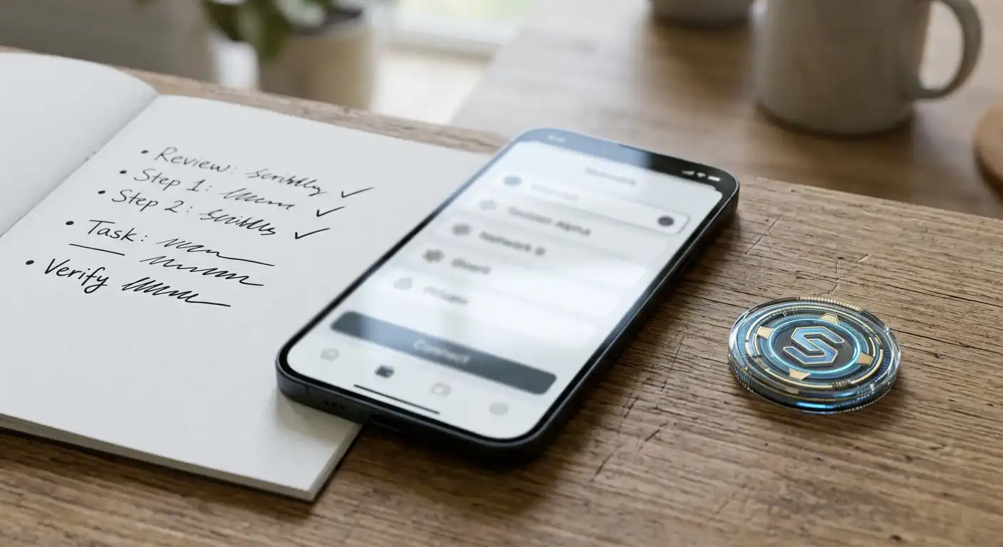 Smartphone mit neutraler Krypto-Kassenansicht und handschriftlicher Netzwerkprüfung auf einem Schreibtisch