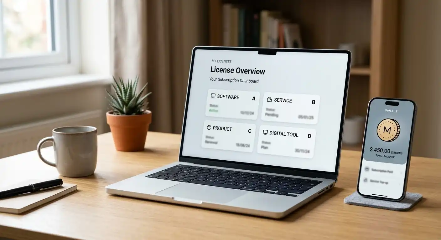 Laptop mit geöffneter Curaçao-Lizenzansicht, daneben ein Smartphone mit Krypto-Wallet-Symbol