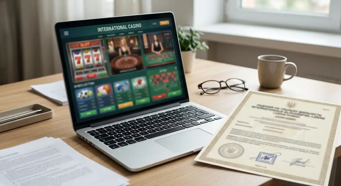 Laptop mit internationaler Casino-Oberfläche und separatem Hinweis auf ausländische Lizenz