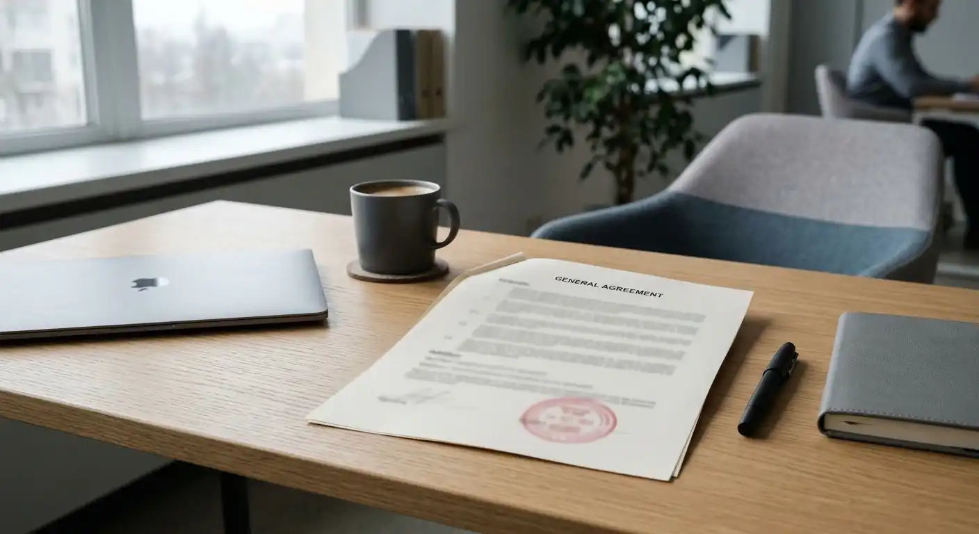 Modernes Büro mit Laptop und offenem Lizenzdokument ohne Wappen