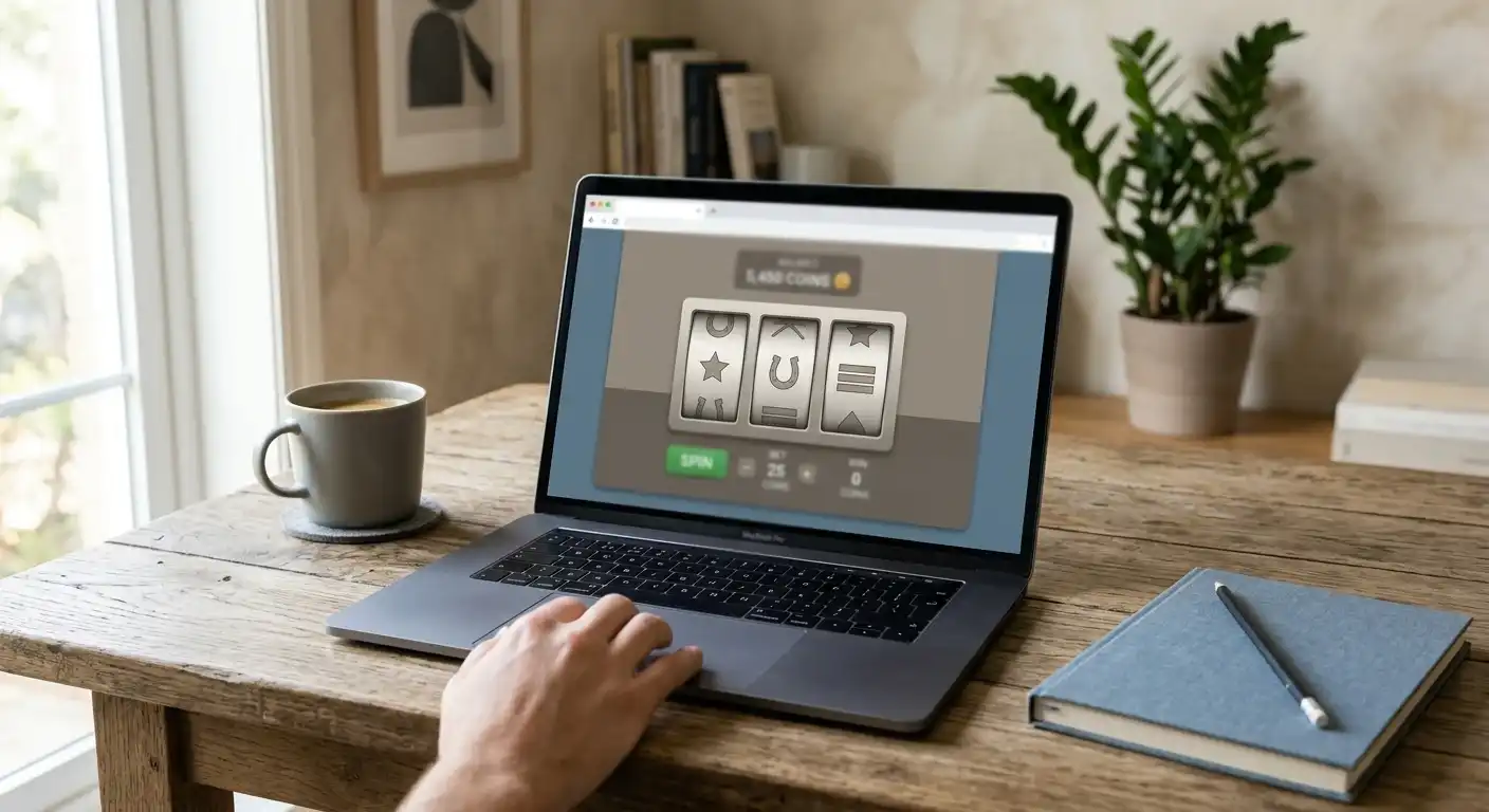 Laptop mit virtuellen Spielmünzen und neutralen Walzen im Browser