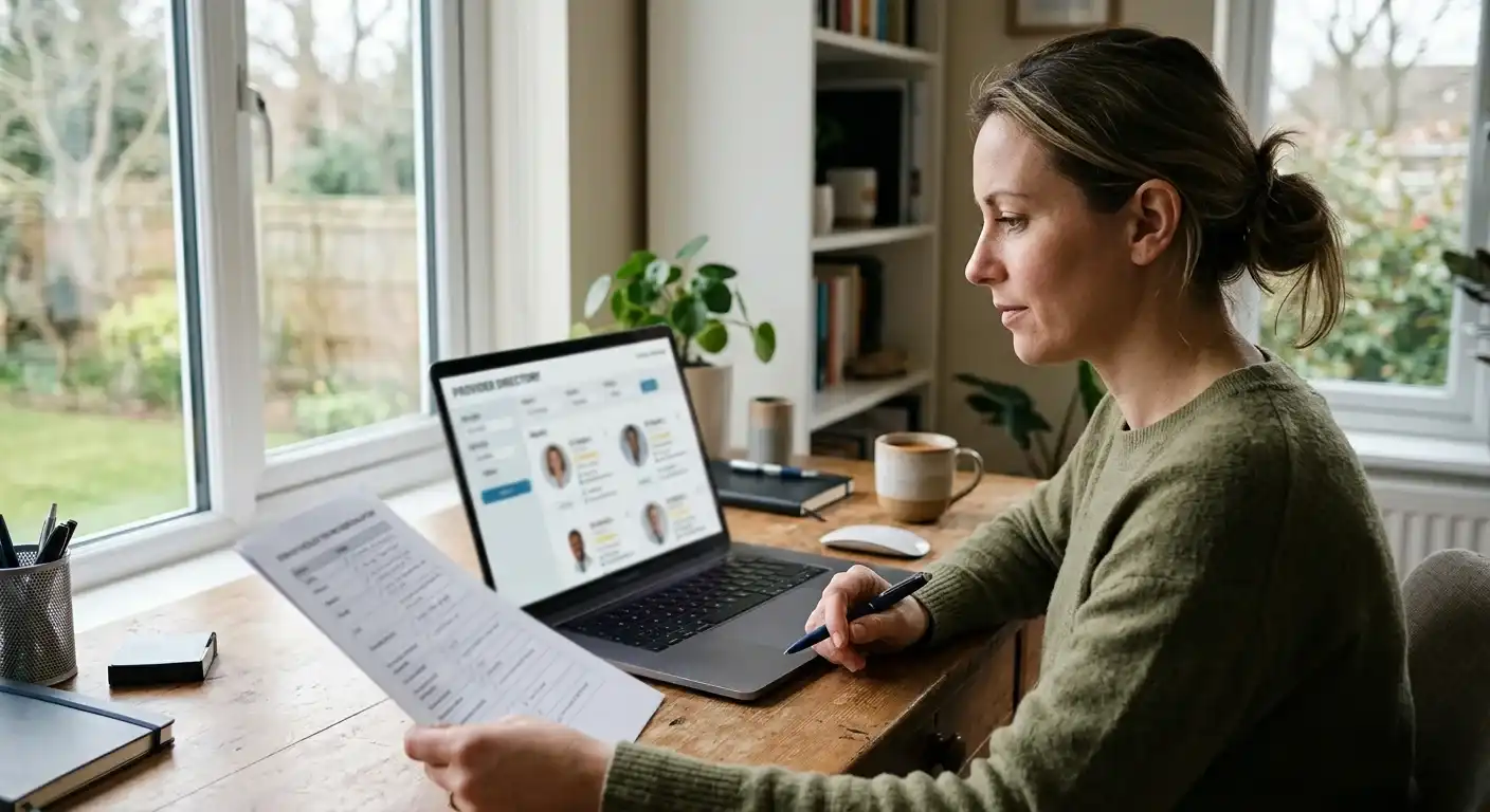 Laptop mit neutraler Anbieterübersicht und markierter Domainprüfung