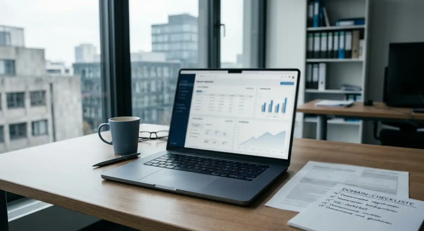 Neutraler Laptop mit Lizenzdokument und Casino-Domainprüfung