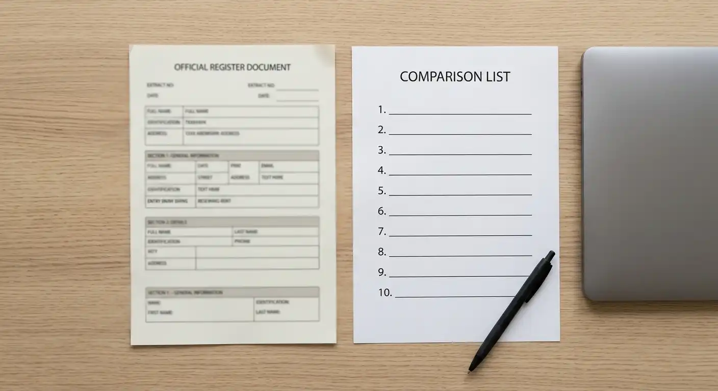 Vergleichende Liste neutraler Anbieterangaben neben einem offiziellen Registerauszug ohne Logos