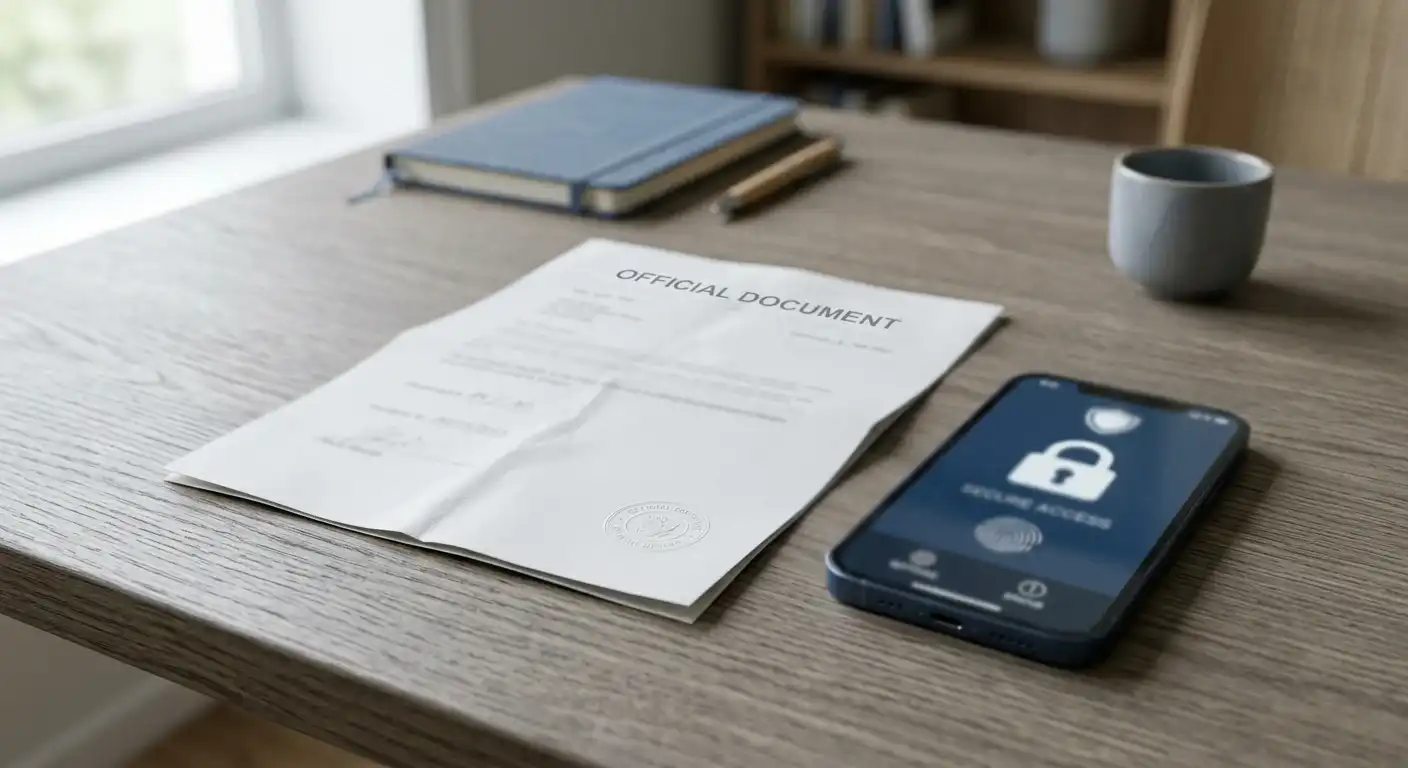 Neutrales amtliches Dokument und Smartphone mit Schutzsymbolen auf einem Tisch