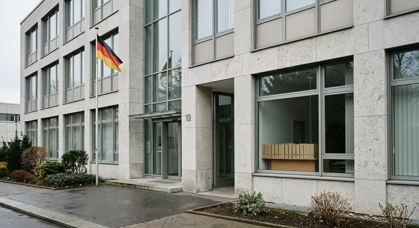 Amtliches Gebäude mit deutscher Flagge und Aktenordnern im Vordergrund