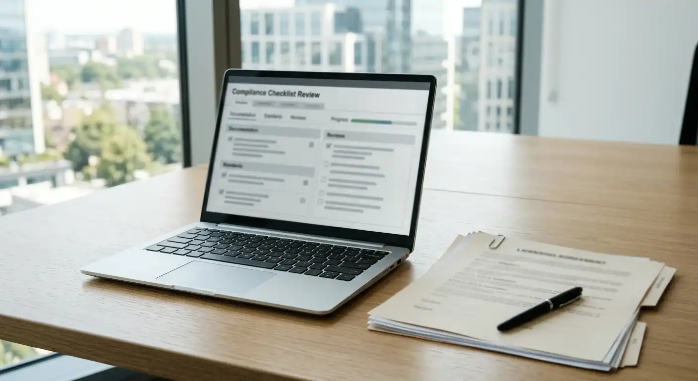 Neutrale Lizenzunterlagen und Laptop auf einem aufgeräumten Schreibtisch