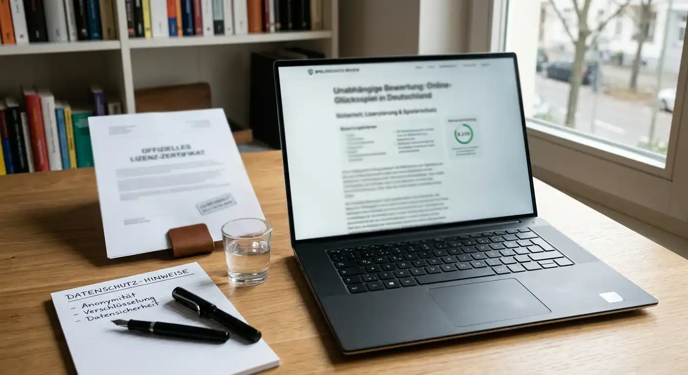 Deutscher Online-Spielerschutz mit neutralem Lizenzdokument und Laptop