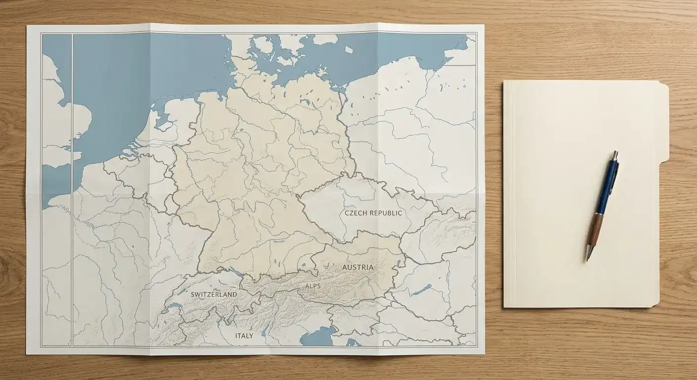Schlichte Europakarte mit hervorgehobenen deutschen und österreichischen Zuständigkeitsgrenzen