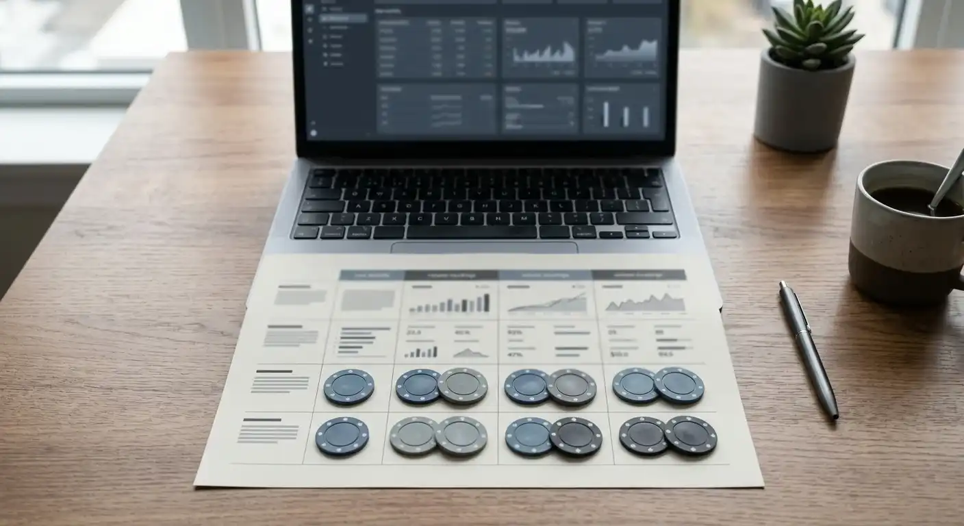 Schreibtisch mit neutraler Vergleichstabelle und acht unbeschrifteten Spielchips