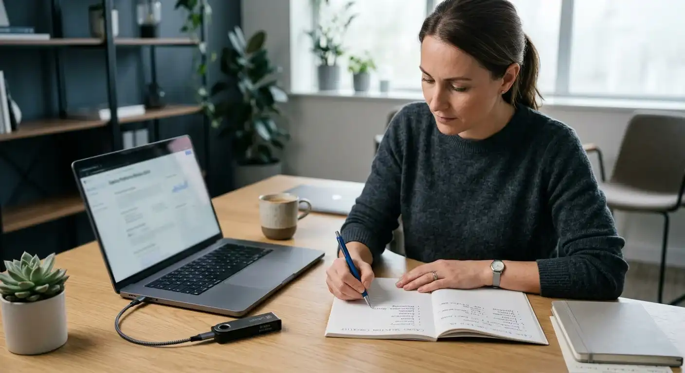 Checkliste mit Stift neben Laptop und sicher verwahrter Wallet