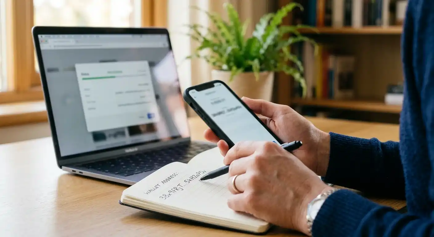 Person prüft Wallet-Adresse und Netzwerk auf Smartphone und Notizblatt