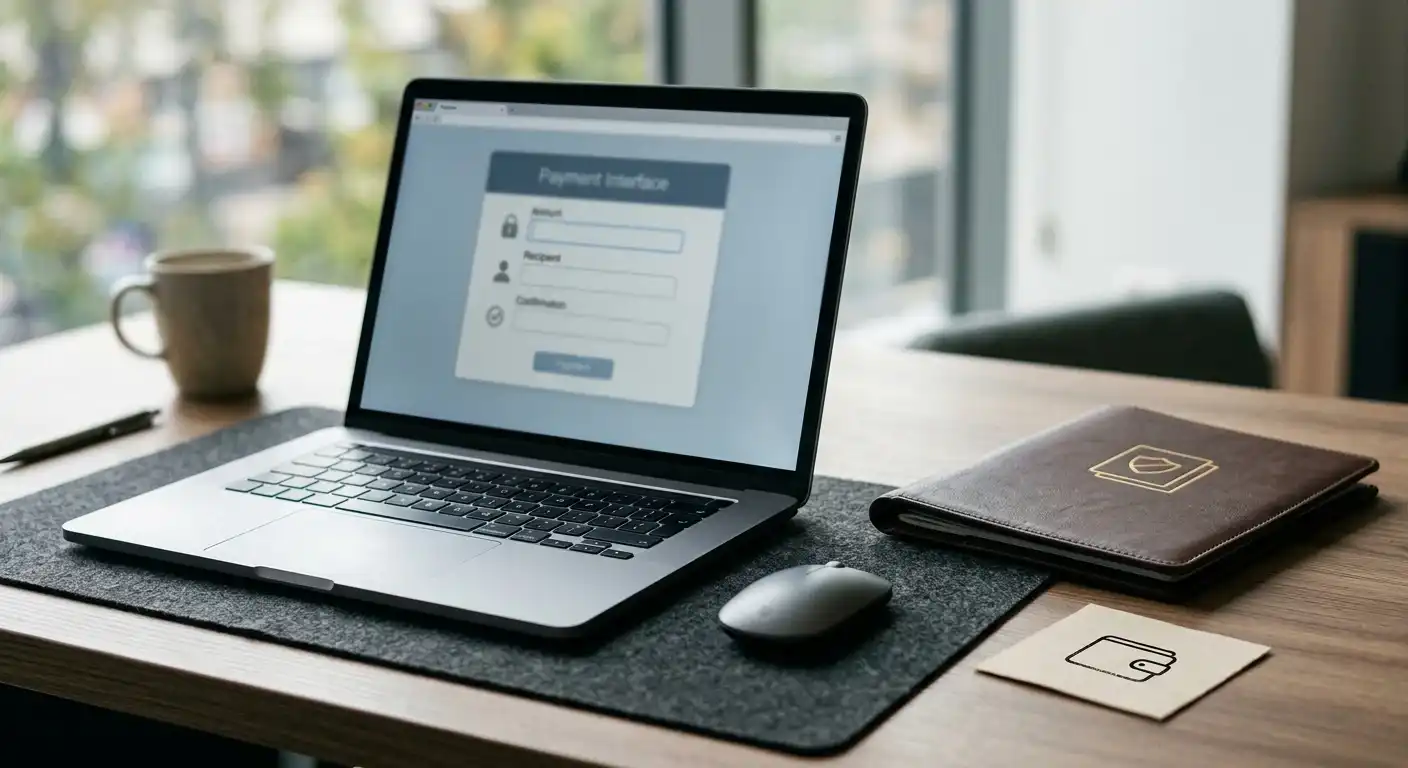 Neutrale E-Wallet-Oberfläche neben Ausweisdokument und sicherem Upload-Hinweis