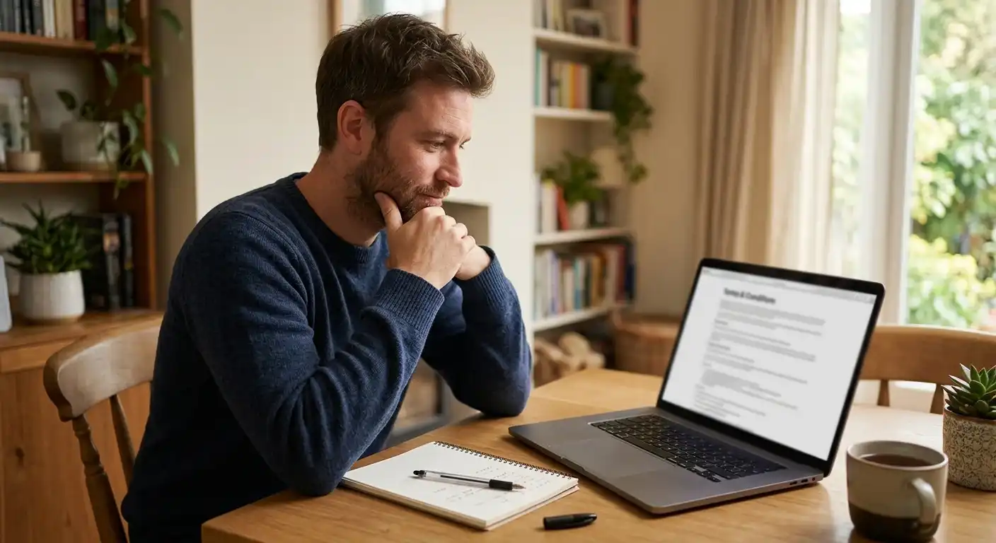 Spieler prüft Bonusbedingungen auf einem Laptop