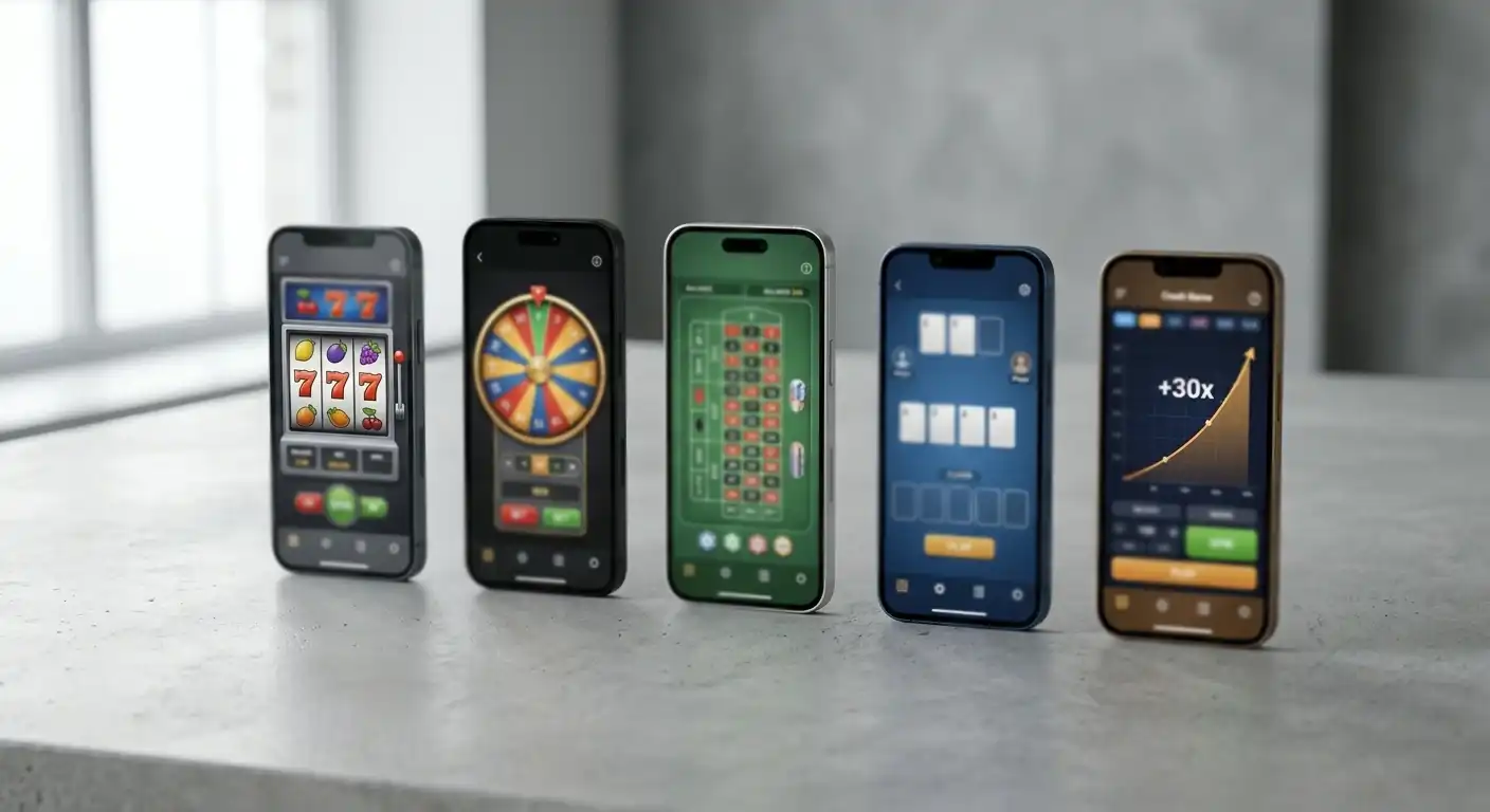 Fünf neutrale Smartphone-Karten mit unterschiedlichen Lizenz- und Spielprofilen