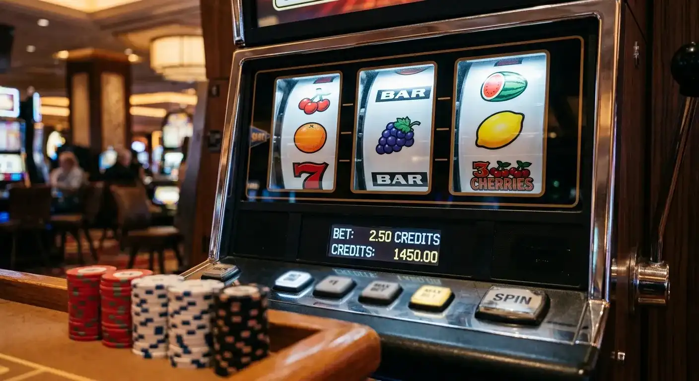 Slot-Walzen mit Einsatzanzeige und Münzen, gestaffelte Beträge im Vordergrund