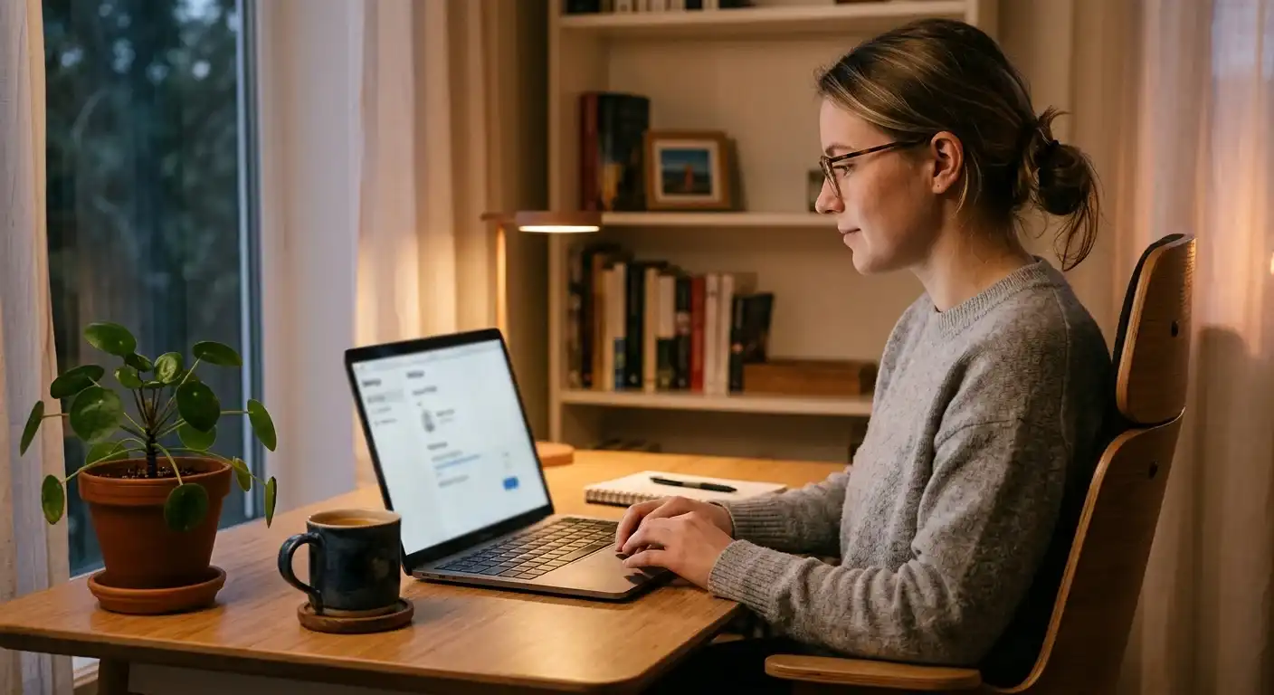 Person am Laptop stellt ein monatliches Einzahlungslimit in einem ruhigen Zuhause ein