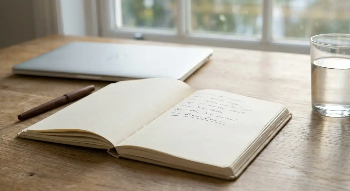 Notizbuch mit eingetragenem Einzahlungslimit neben einem geschlossenen Laptop