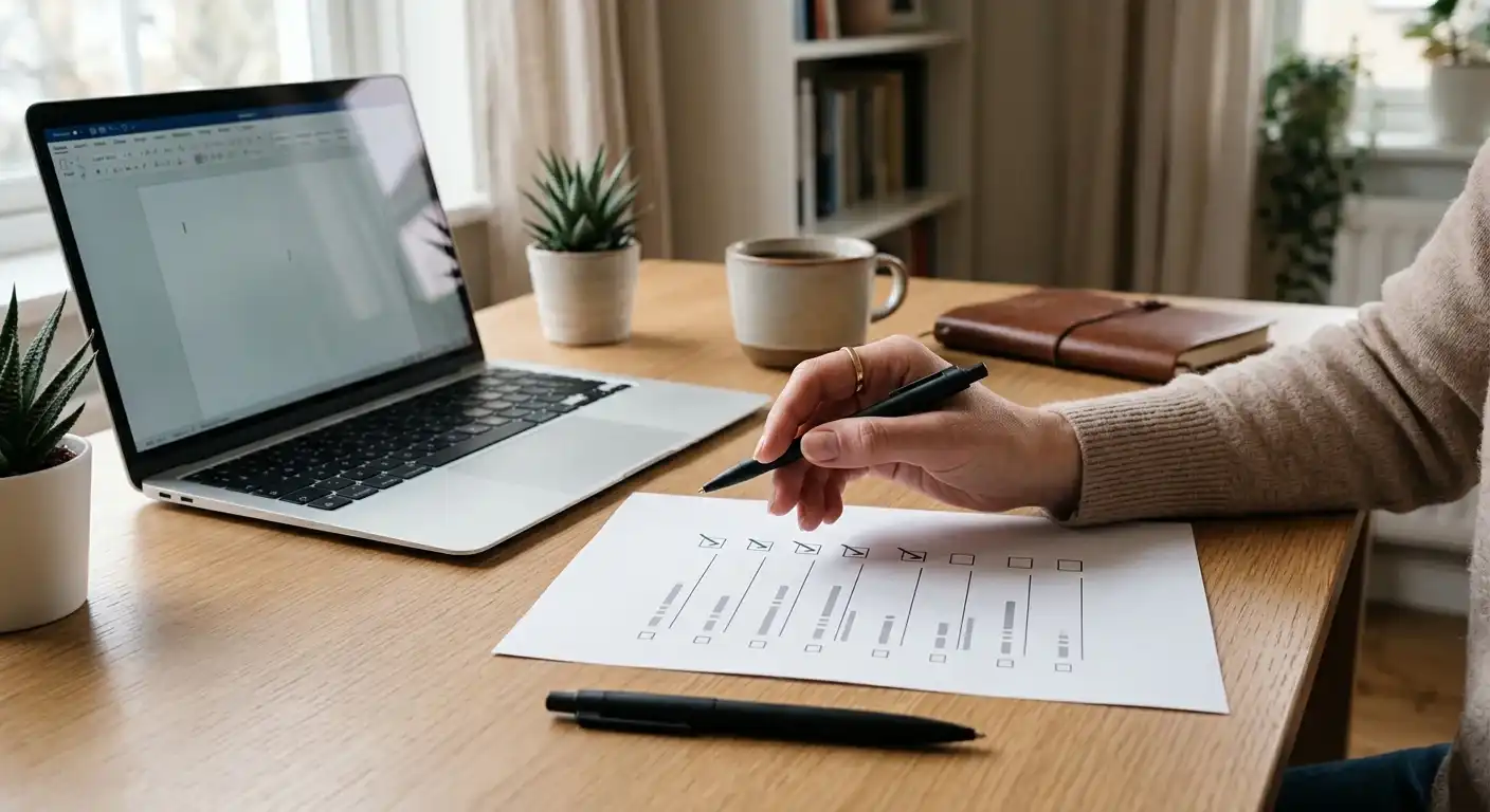 Ausgedruckte Auswahl-Checkliste mit Stift und Laptop für verantwortungsvolle Spielentscheidungen