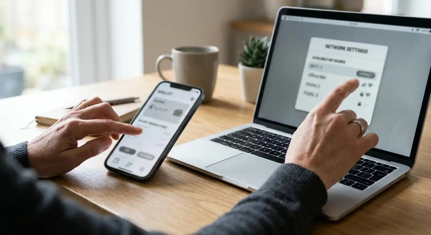 Ethereum-Wallet und neutraler Kassenbereich mit sichtbarer Netzwerkauswahl