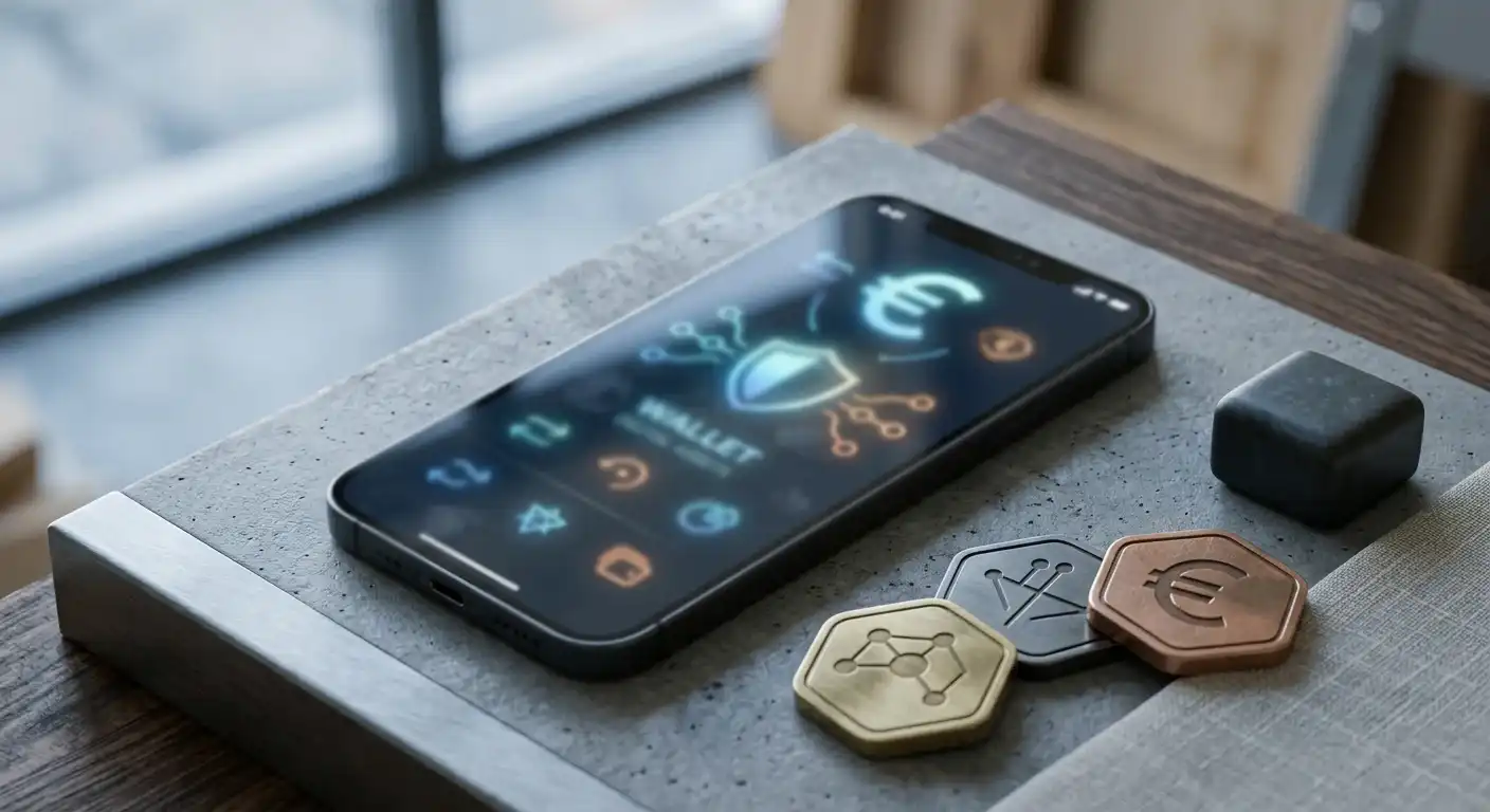 Neutrale E-Wallet- und Kryptowährungsdarstellung mit Eurozeichen, ohne Logos oder Karten