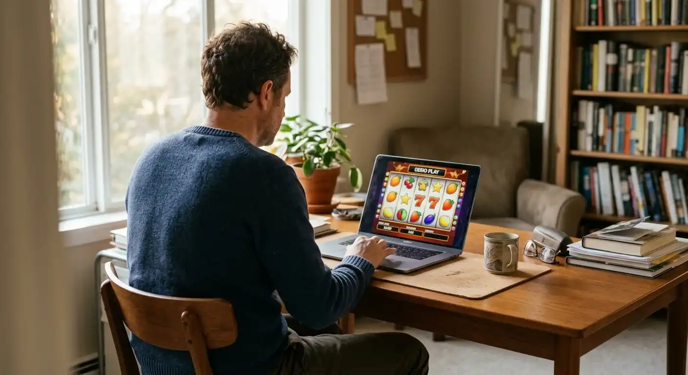 Erwachsene Person testet eine neutrale Spielautomaten-Demo am Laptop